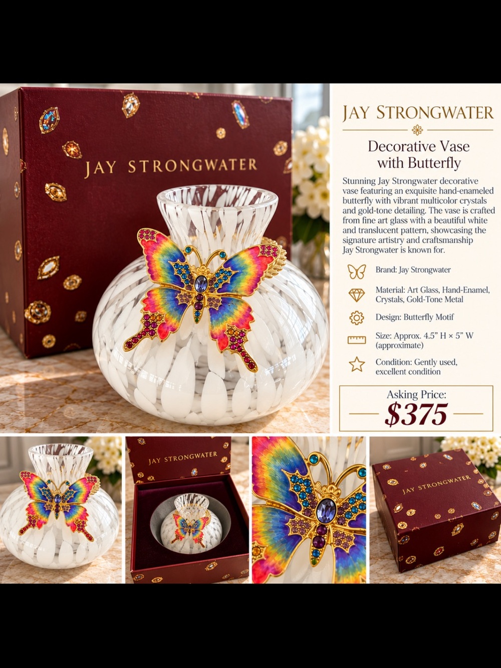 Jay Strongwater White Glass Vase with Multicolor Butterfly Accent